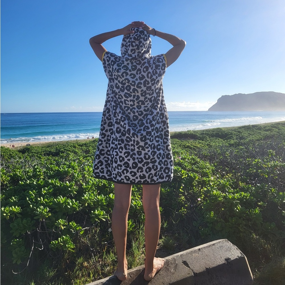 Leopard Print Hooded Surf Poncho with Yellow Trim
